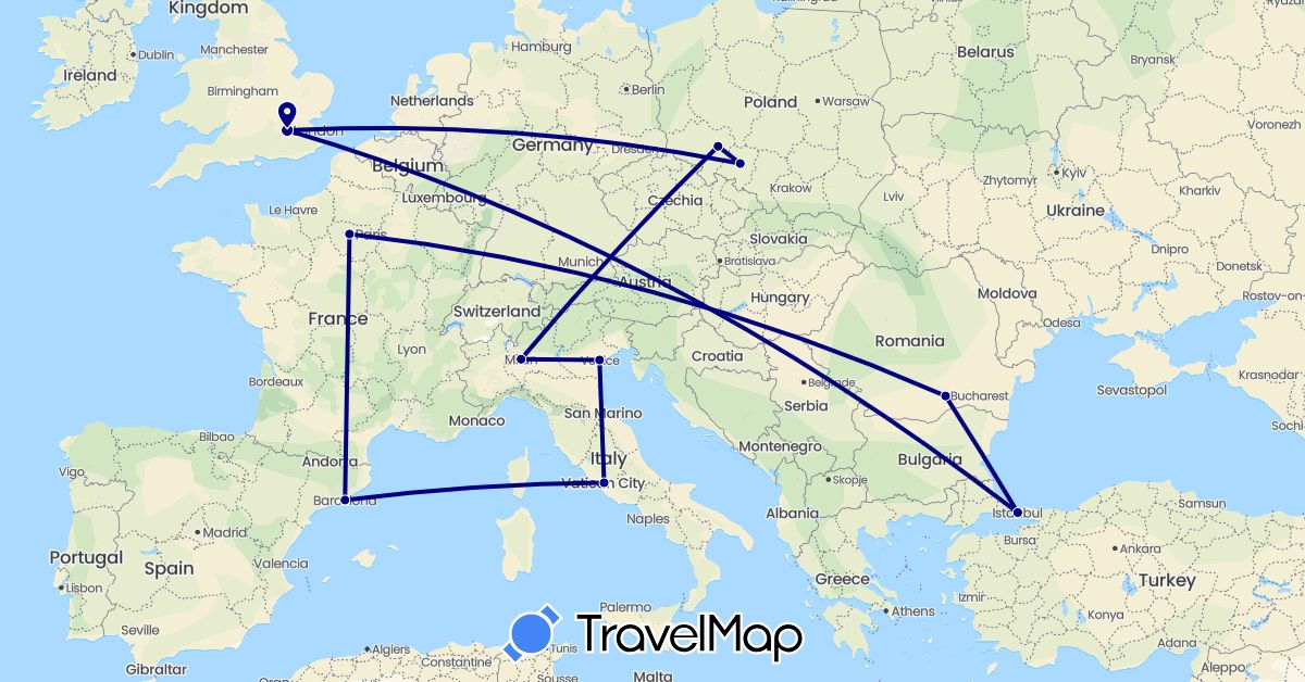 TravelMap itinerary: driving in Spain, France, United Kingdom, Italy, Poland, Romania, Turkey (Asia, Europe)